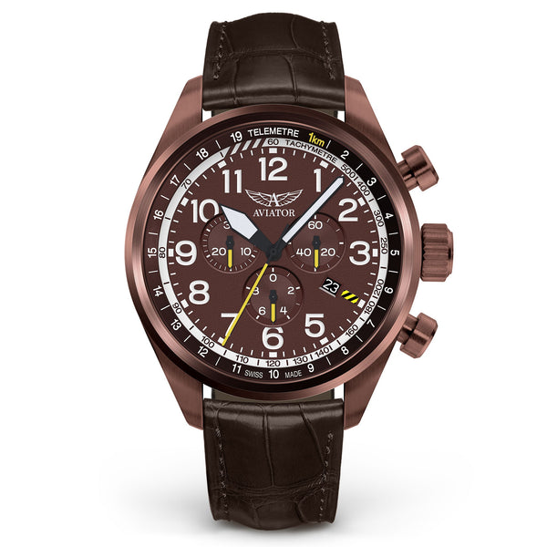 Aviator Brown Leather Chronograph Swiss Made Men's Watch - V22581724