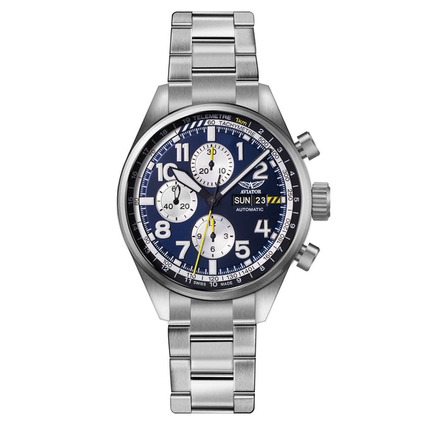 Aviator Silver Steel Blue Dial Chronograph Swiss Made Men's Automatic Watch - V42601785