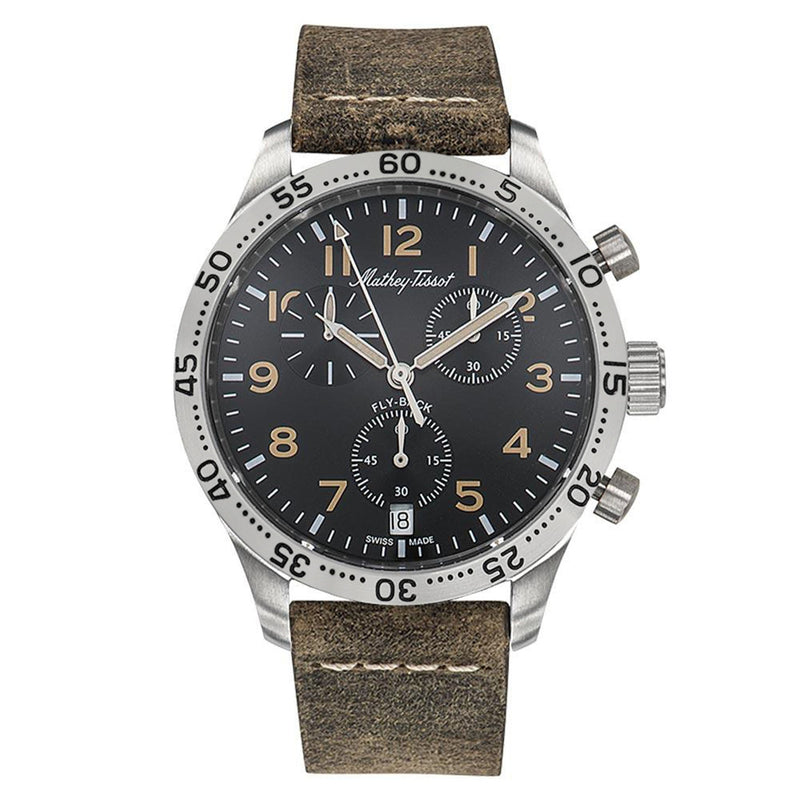 Mathey-Tissot Type 21 Flyback Leather Black Dial Swiss Made Men's Watch - H1821CHALNO