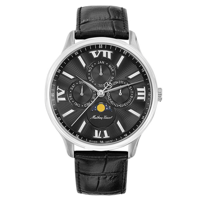 Mathey-Tissot Edmond Moon Leather Black Dial Swiss Made Men's Watch - H1886RAN