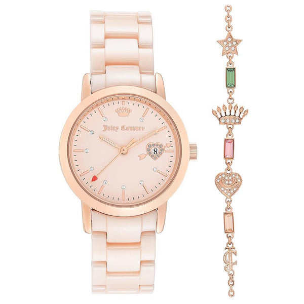 Juicy Couture Light Pink Ceramic Band with Crystal Charm Links Women's  Watch - JC1304PKST