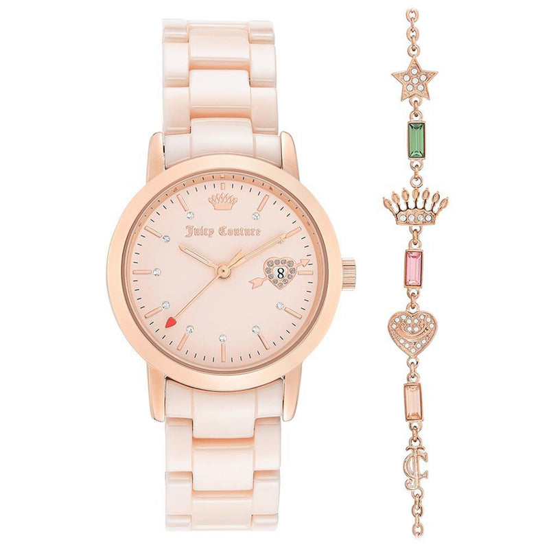 Juicy Couture Light Pink Ceramic Band with Crystal Charm Links Women's  Watch - JC1304PKST