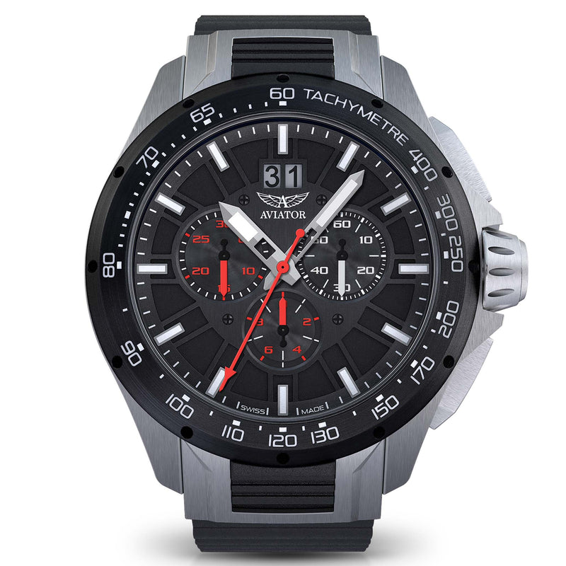 Aviator Black Rubber Grey Dial Chronograph Swiss Made  Men's Watch - M21951346