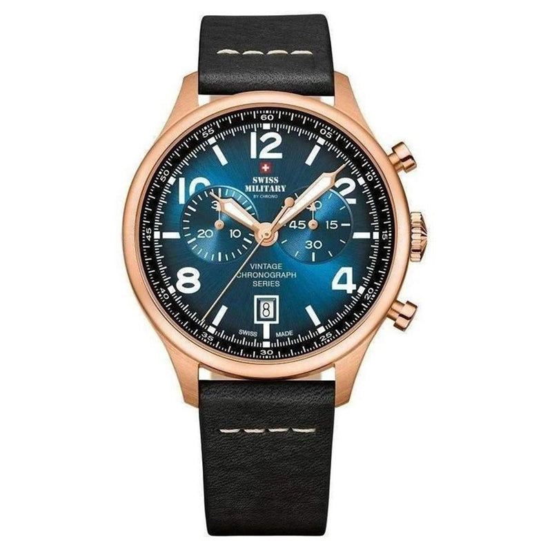 Swiss Military Black Leather Blue Dial Chronograph Men's Watch - SM30192.06