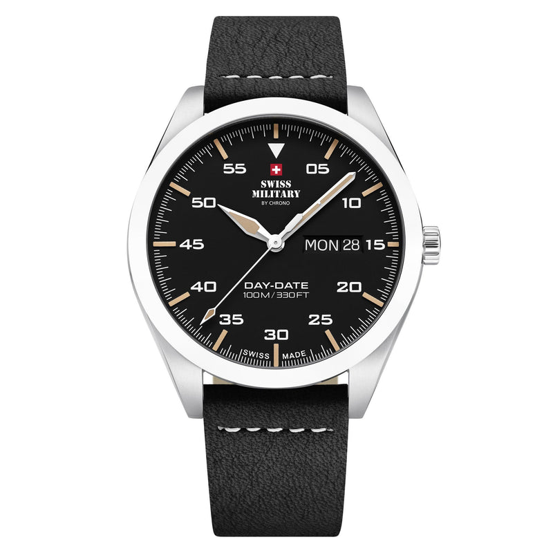 Swiss Military Black Leather Band Men's Watch - SM34087.04