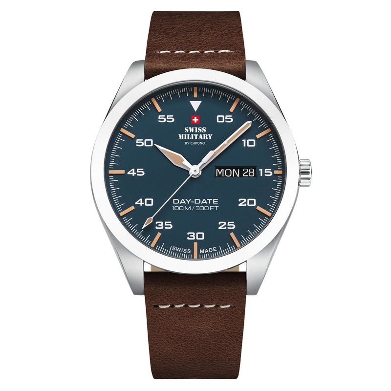 Swiss Military Brown Leather Band Blue Dial Men's Watch - SM34087.05