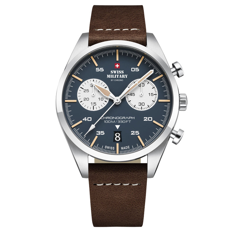 Swiss Military Brown Leather Band Blue Dial Men's Chrono Watch - SM34090.04