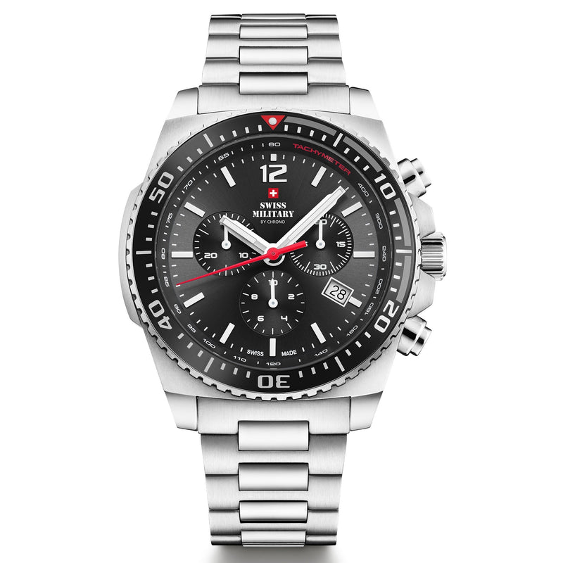 Swiss Military Silver Steel Black Dial Chronograph Men's Watch - SM34093.01