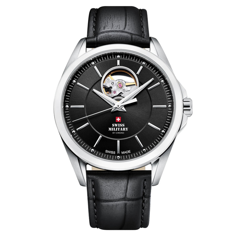 Swiss Military Black Leather Band Men's Automatic Watch - SMA34085.33