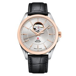 Swiss Military Black Leather Band Silver Dial Men's Automatic Watch - SMA34085.37