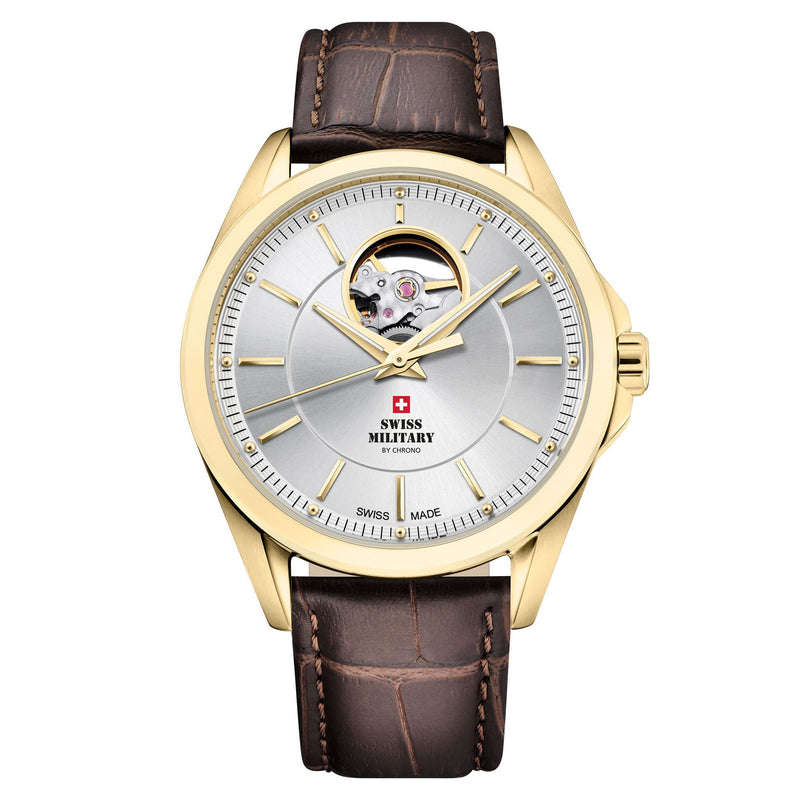 Swiss Military Brown Leather Band Silver Dial Men's Automatic Watch - SMA34085.38