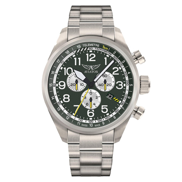 Aviator Grey Steel Green Dial Chronograph Swiss Made Men's Watch