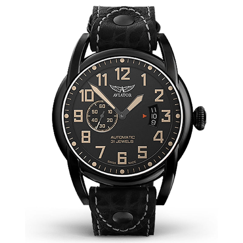 Aviator Leather Black Dial Men's Automatic Swiss Made Watch - V31851624