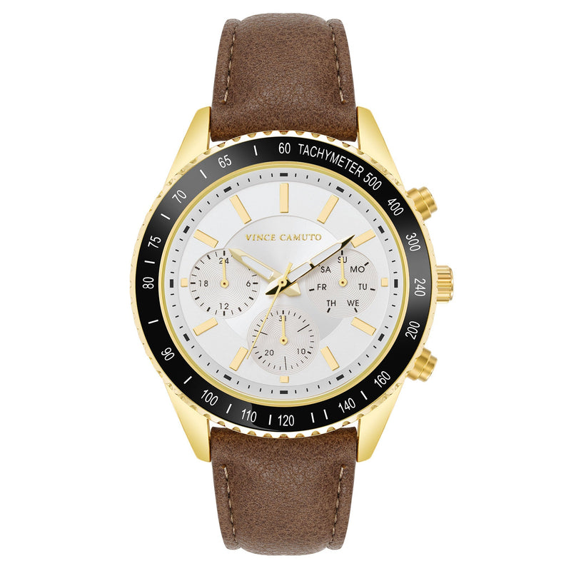 Vince Camuto Brown Leather Silver Dial Multi-Function Men's Watch - VC8050GPWTBN