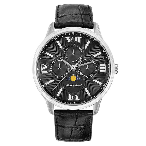 Mathey-Tissot Edmond Moon Leather Black Dial Swiss Made Men's Watch - H1886RAN
