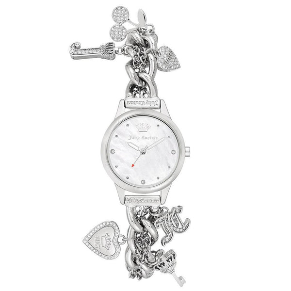 Juicy Couture Silver Chain Bracelet with Crystal Charms Women's Watch - JC1299MPSV