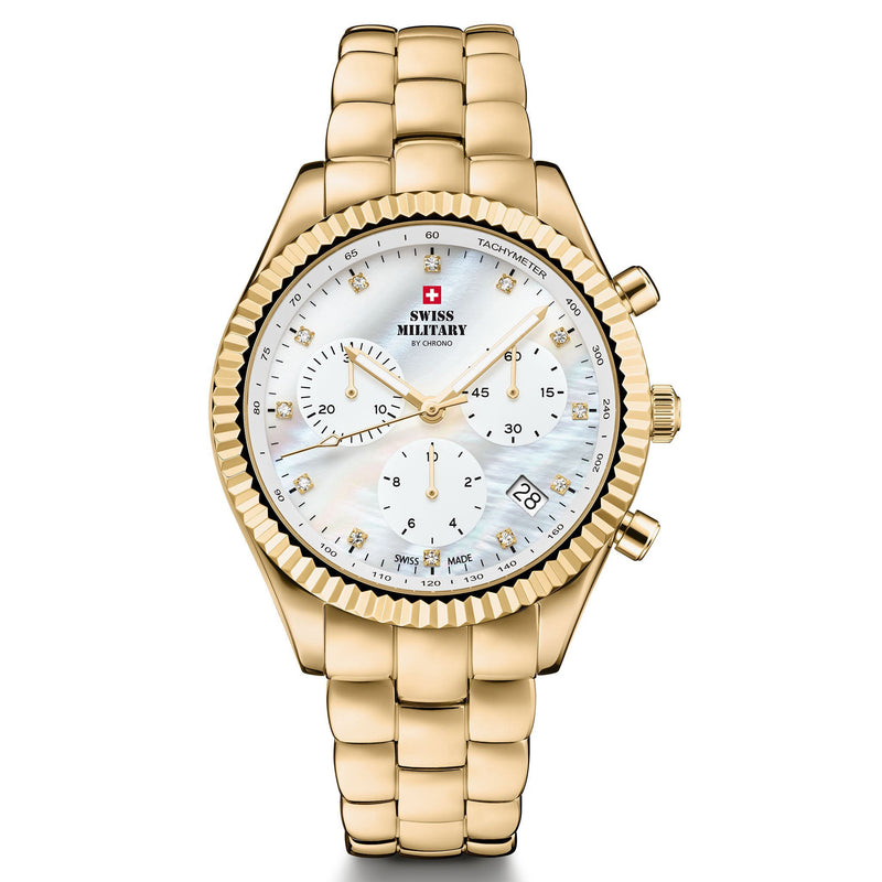 Swiss Military Gold Steel White Dial Chronograph Women's Watch - SM30207.03
