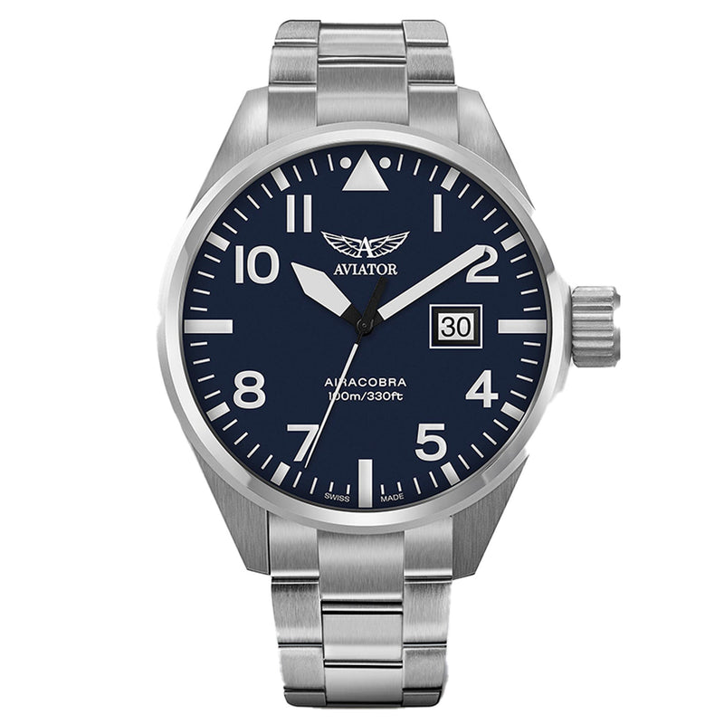 Aviator Silver Steel Blue Dial Swiss Made Men's Watch - V12201495