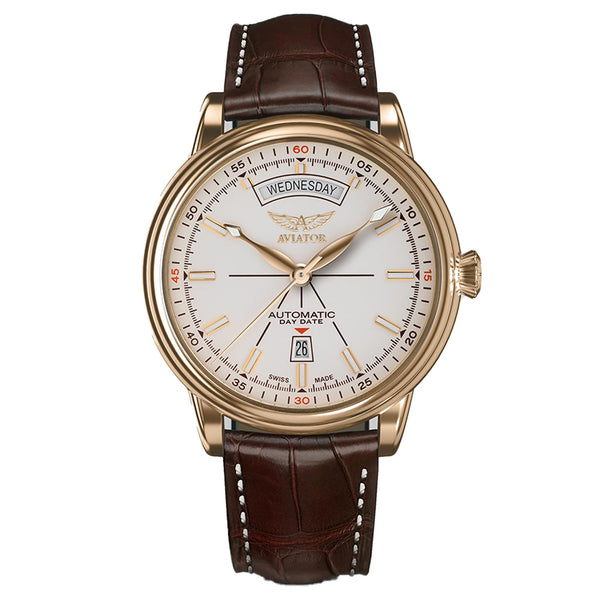 Aviator Brown Leather Ivory Dial Swiss Made Men's Automatic Watch - V32011474