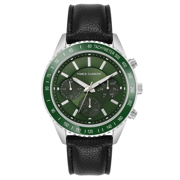 Vince Camuto Black Leather Green Dial Men's Watch - VC8050SVGRBK