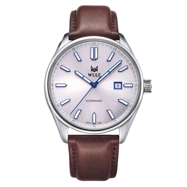 WULF ALPHA Brown Leather Silver Dial Automatic Men's Watch - WF01.01