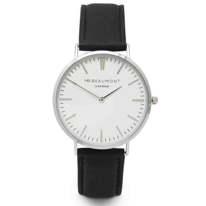 Mr. Beaumont Silver Case Black Leather Mens Watch